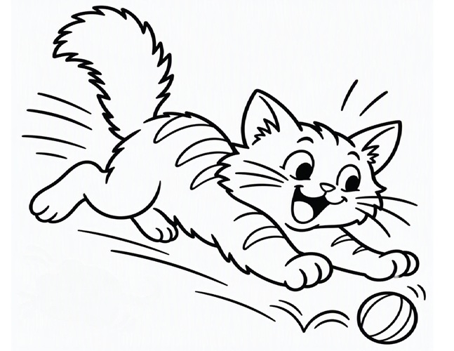 simple, cartoon coloring page of a cat with the zoomies