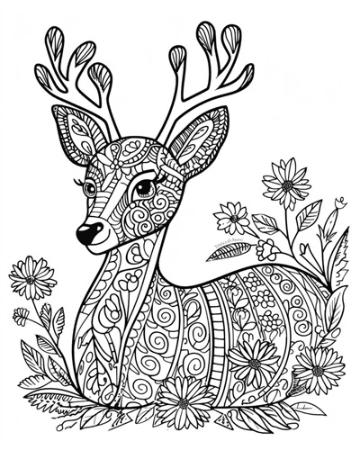 decorative coloring page of a deer and flowers