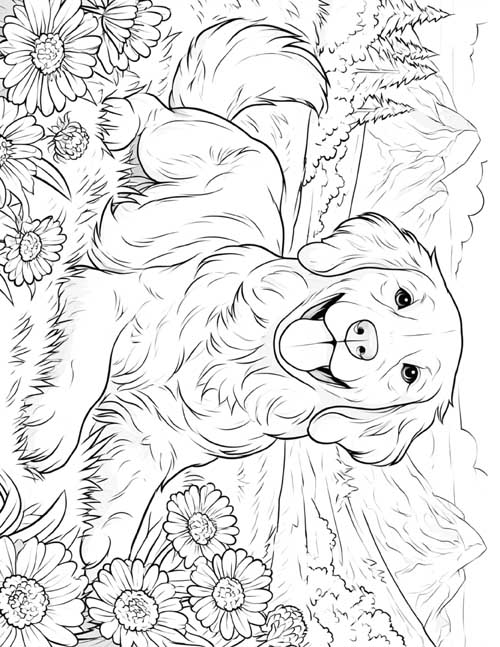 cartoon coloring page of a golden retriever in an alpine meadow