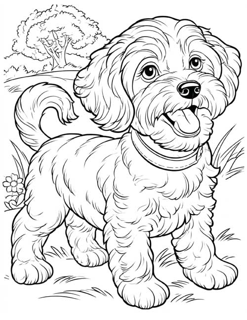 Coloring page of a Bichon Frise playing outside near a tree