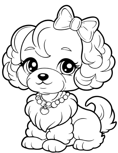 Simple preschool coloring page of a cartoon Bichon Frise with a bow and a pearl necklace