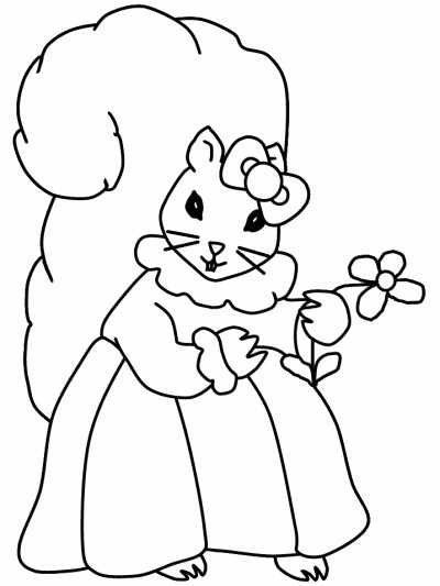 cartoon coloring page of a girl squirrel holding a flower