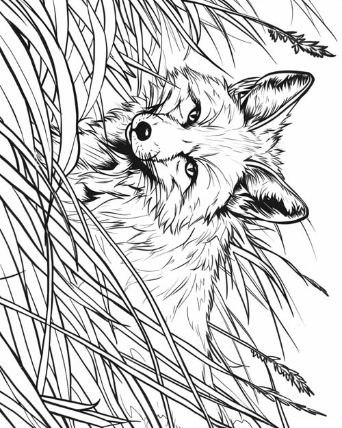 coloring page of a red fox in a field