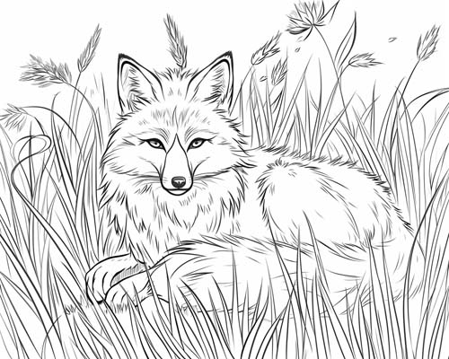 coloring page of a red fox in a meadow