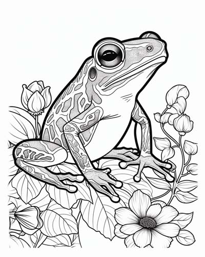 coloring page of a frog with leaves and flowers