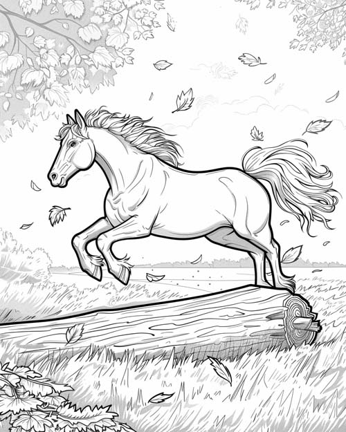 horse running wild in the autumn coloring page