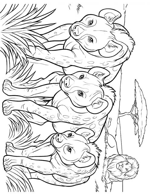 coloring page of a hyenas avoiding a male lion