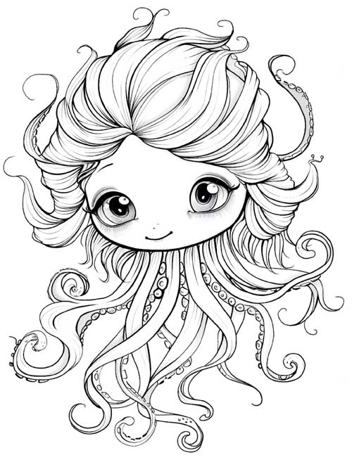anime coloring page of a fantasy squid girl with big eyes
