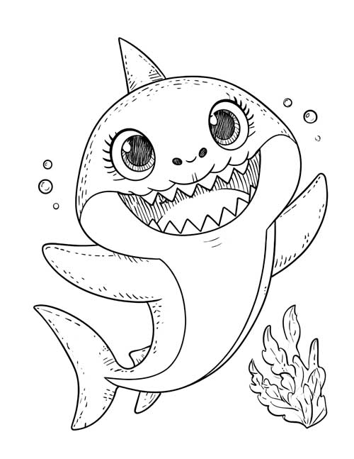 coloring page of a grandma shark with long eyelashes and bubbles