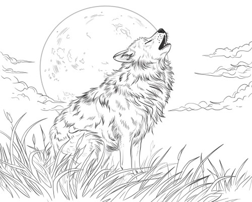 coloring page of a wolf howling at the moon