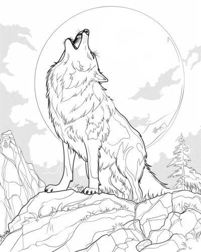 coloring page of a wolf howling at the moon