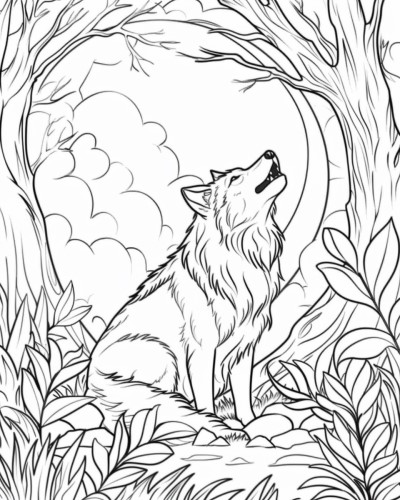 coloring page of a wolf howling at the moon