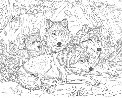 coloring page of a pack of wolves