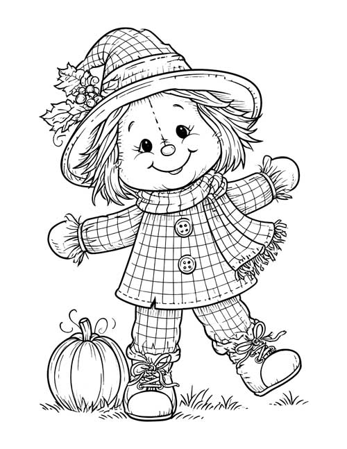 detailed coloring page of a cute scarecrow with a pumpkin
