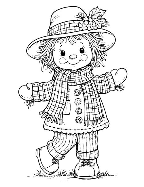 detailed coloring page of a cute girl scarecrow