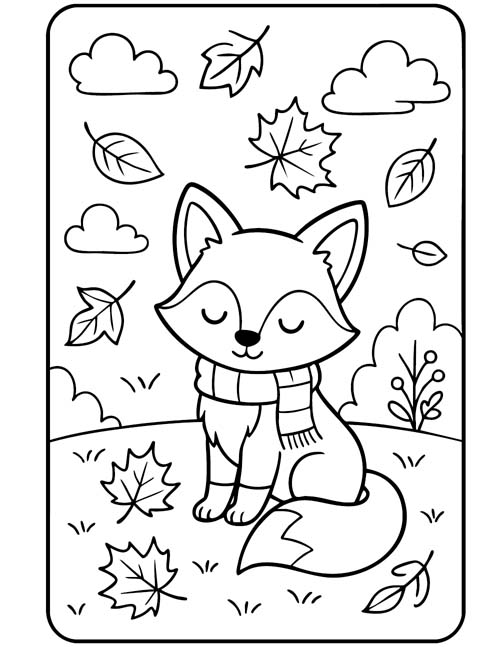 easy preschool coloring page of a fox in autumn