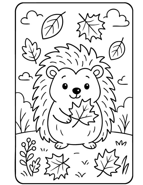 easy preschool coloring page of a hedgehog in autumn
