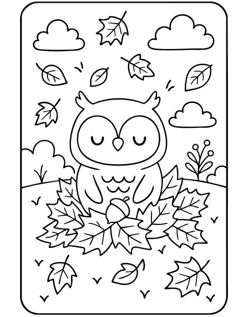 easy preschool coloring page of a owl in autumn