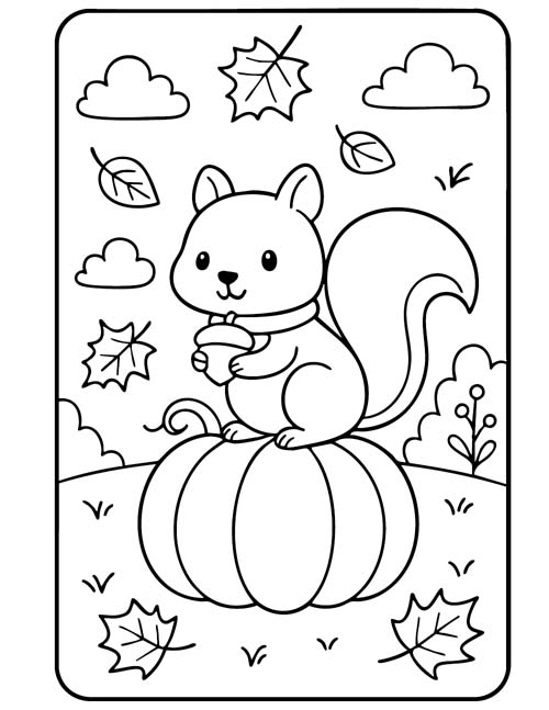 easy preschool coloring page of a squirrel in autumn