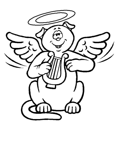 angel cat playing a harp coloring page