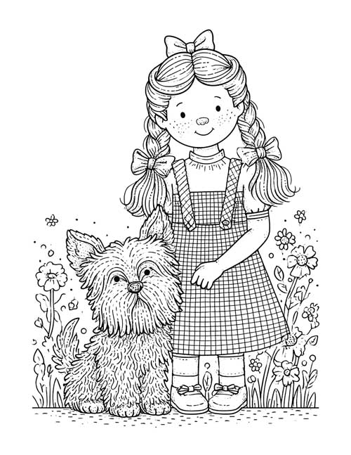 Cartoon coloring page of Dorothy standing beside Toto in a flower garden
