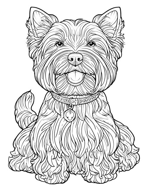 Detailed coloring page of a Cairn Terrier like Toto wearing a collar and tag