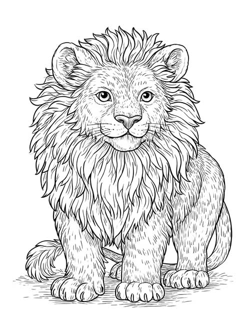 Detailed coloring page of the Cowardly Lion with a shaggy mane