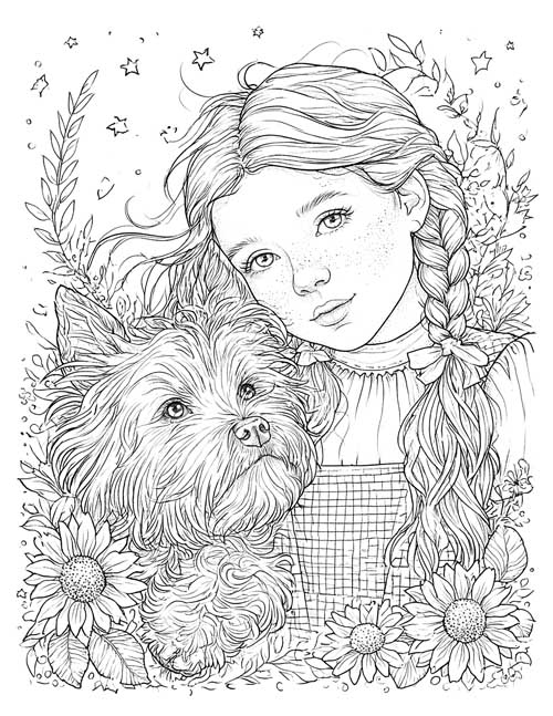 Detailed coloring page of Dorothy cuddling Toto among sunflowers