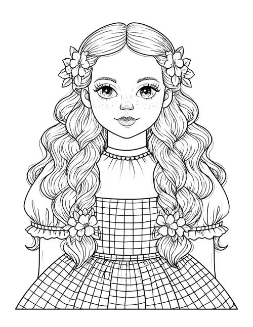Coloring page of Dorothy with flowers in her long braided hair