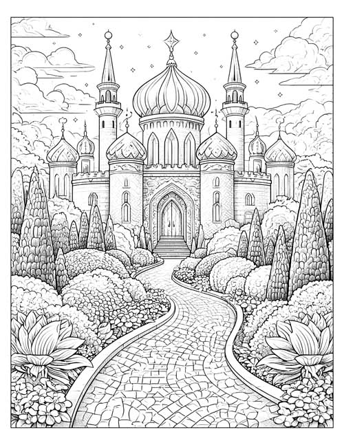 Coloring page of the Emerald City with domed towers and a garden path