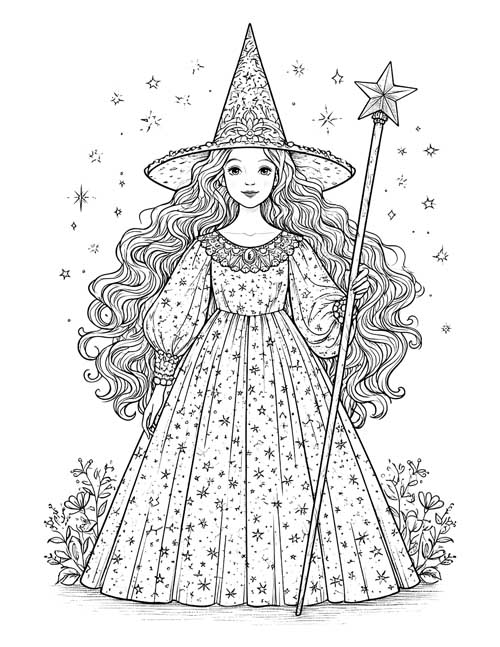 Coloring page of Glinda in a starry gown and pointed hat holding a star wand