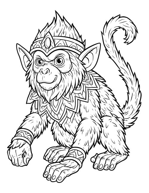 Coloring page of a Winged Monkey wearing a jewelled headband and armbands