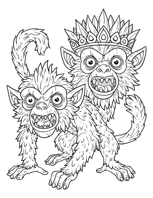 Coloring page of two grinning Winged Monkeys, one wearing a crown