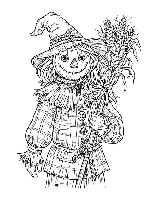 Detailed coloring page of a scarecrow in a patched plaid shirt holding a bundle of wheat