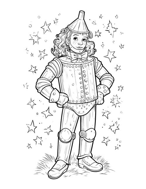 Coloring page of the Tin Man with a funnel hat standing among stars