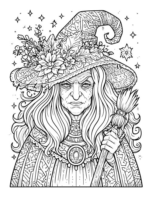 Detailed coloring page of the Witch of the West in a flowered hat holding a broom