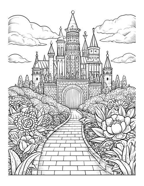 Coloring page of the yellow brick road winding through flowers to a castle