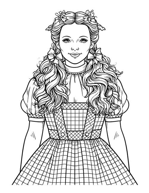Realistic coloring page of Dorothy Gale in her gingham pinafore
