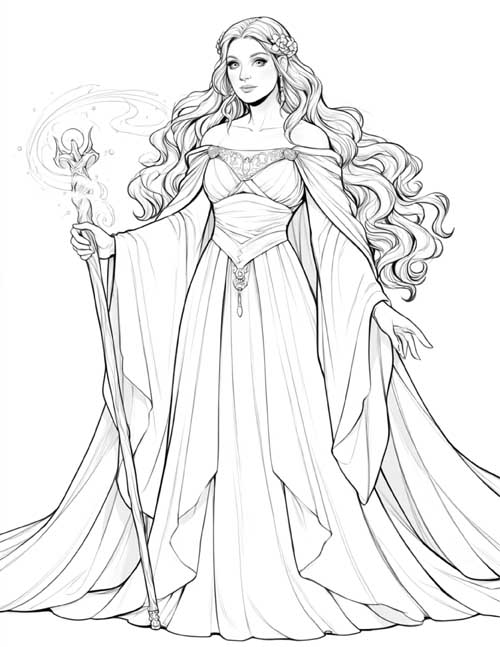 realistic coloring page of Glinda holding an enchanted staff