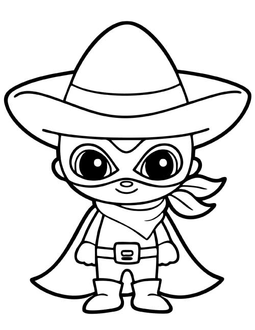 preschool coloring page of a little Zorro in a big hat, mask and cape