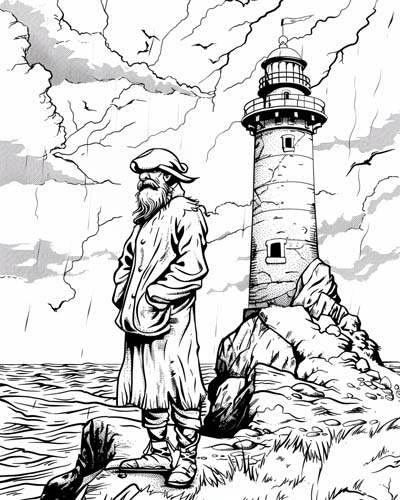 coloring page of a lighthouse keeper in a storm