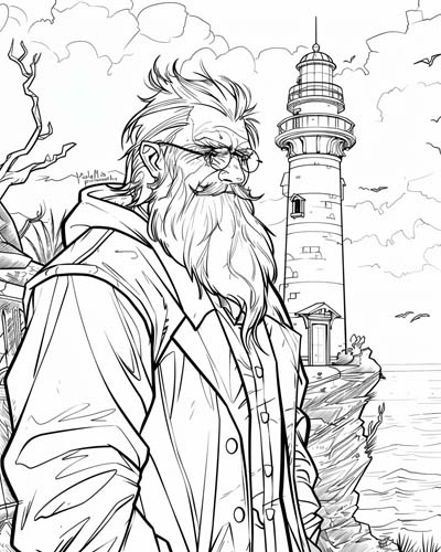 coloring page of a lighthouse keeper