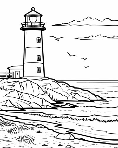 coloring page of a lighthouse on a rocky shore