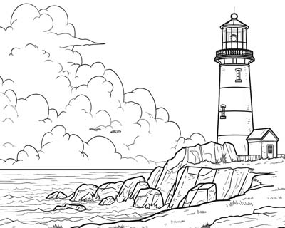 coloring page of a lighthouse on the rocky shore