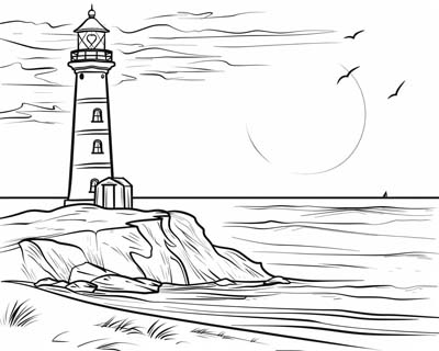 coloring page of a lighthouse on the beach