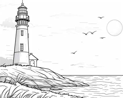 coloring page of a lighthouse on the beach