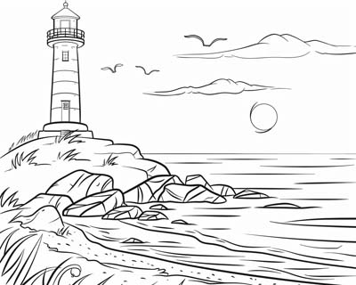 coloring page of a lighthouse on the beach