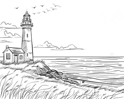 coloring page of a lighthouse on the beach