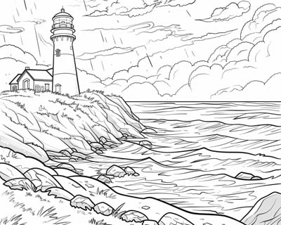 coloring page of a lighthouse on a cliff
