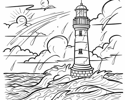 coloring page of a lighthouse in the rain